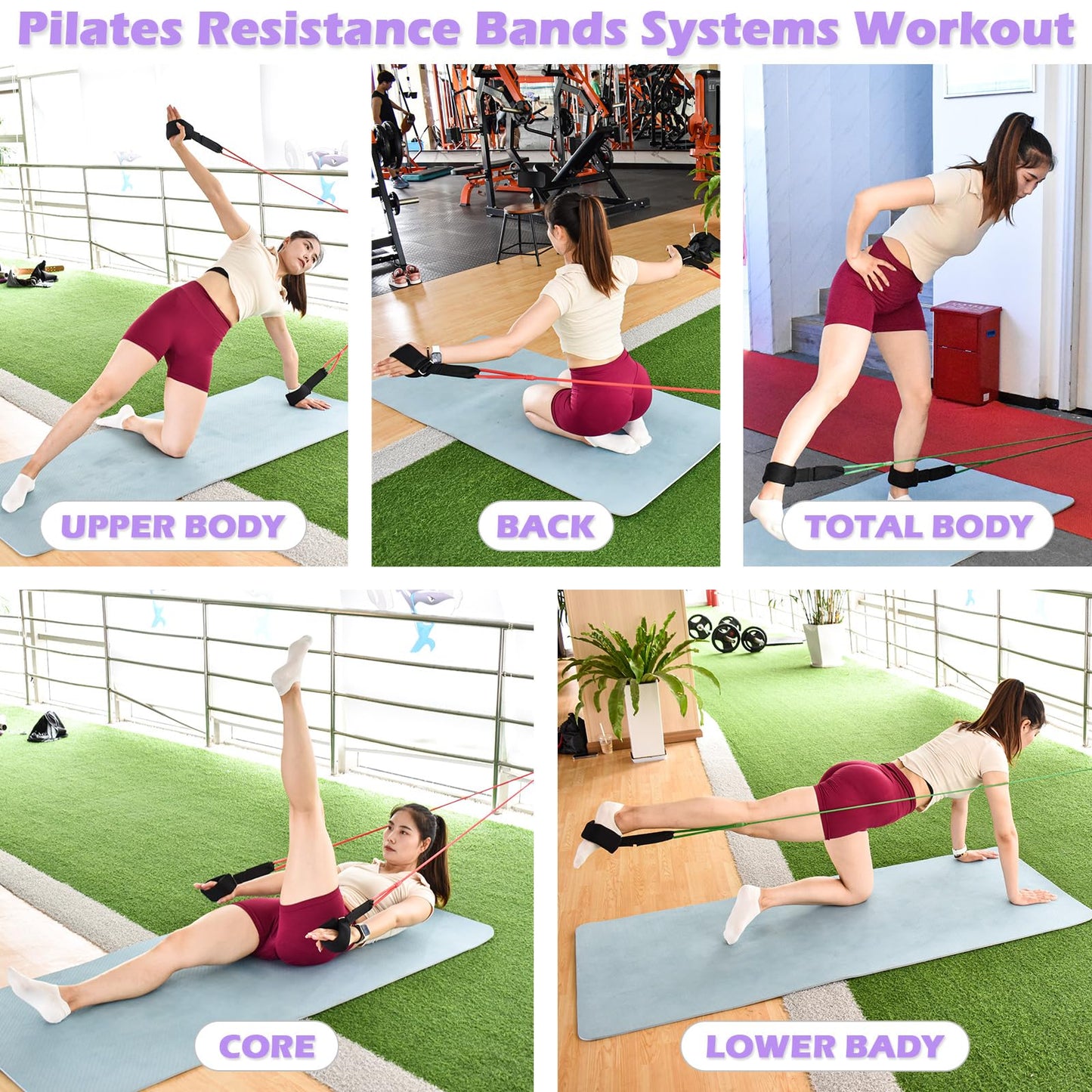 ATENTO Resistance Pilates System Reformer Style Pilates Lightweight Portable Pilates for Home Gym, 2 Pcs Resistance Bands,1 Door Anchor,1 Exercise Straps,1 Handle Straps