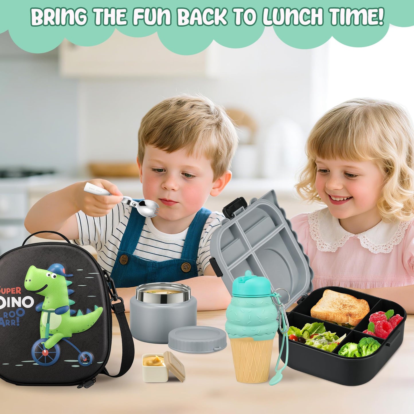 Lunch Box with 13oz Soup Thermo for Hot Food Kids Insulated Food Jar Container with Silicone Water Cup and Spoon & Fork Leak Proof Bento Box Set with 5 Compartment Lunch Bag for School Travel