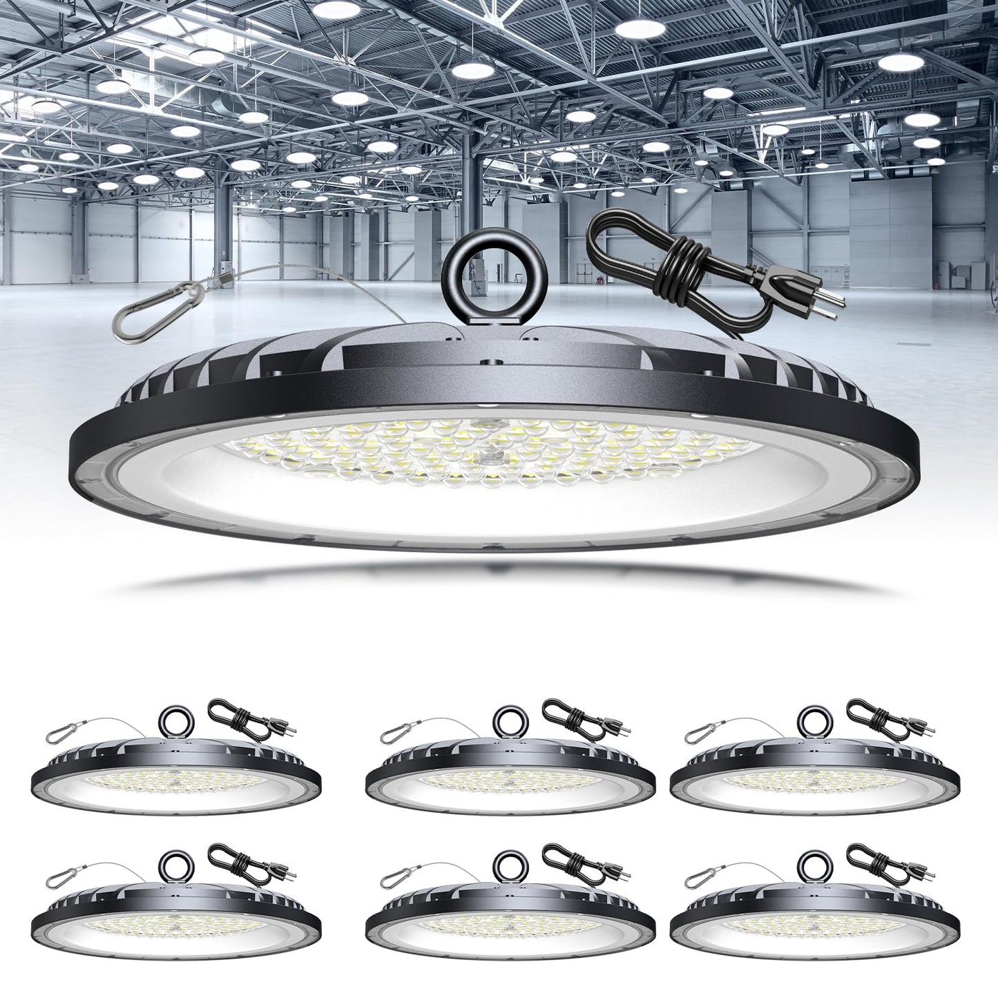 AIKVSXER 6 Pack 200W UFO LED High Bay Light, 30000LM 6000K Daylight LED Shop Lights, IP65 Waterproof Commercial Bay Lighting with Plug for Warehouse Garage Lights Workshop Gym Factory