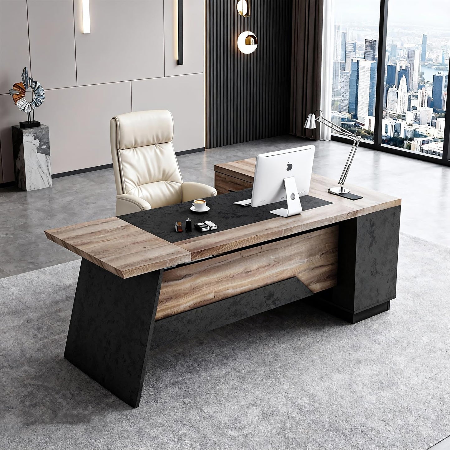 ONNAHOMEStlyle 78.74 Inch L Shaped Office Desk with Drawers & Built-in Power Access, Large Executive Workstation with Storage Cabinet, Modern Wooden Desk for Business or Home Office (Mahogany, Left)