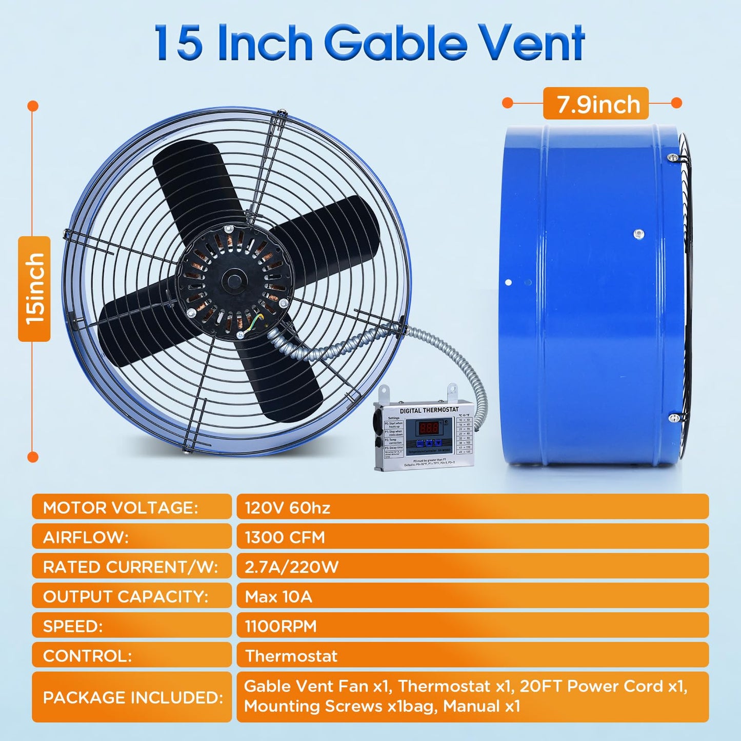 15" Attic Exhaust Fan with Thermostat - 1300CFM Gable Vent Fan with Thermostat Covers 1850 Sq.ft, Plug-and-Play Gable Attic Fans with 20FT Power Cord & 60Hz Motor Low Noise for Home Garage Shed