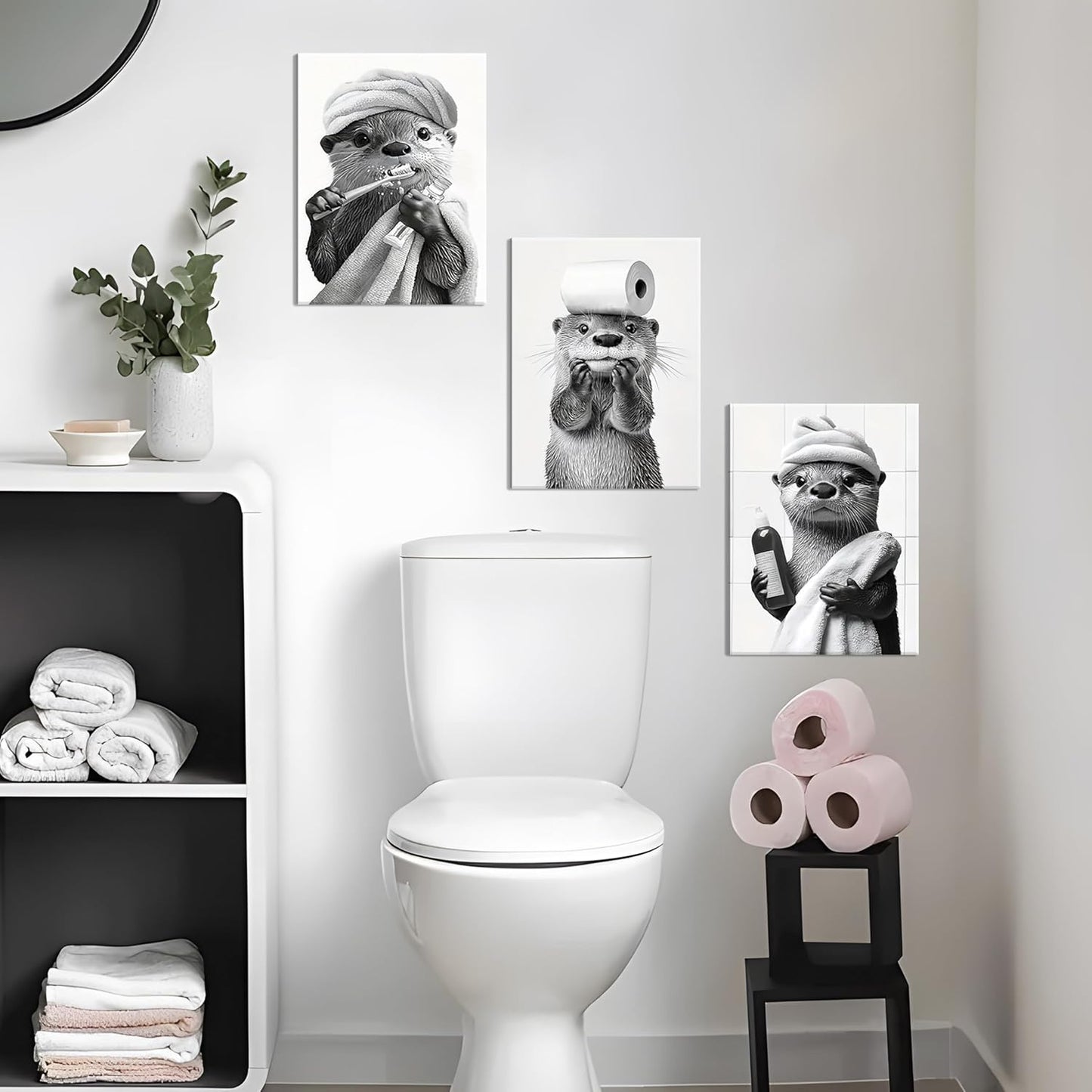 Otter Canvas Wall Art Set by Cute Bathroom | Funny Black and White Decor for Restroom | Ready to Hang 12x16 Inch
