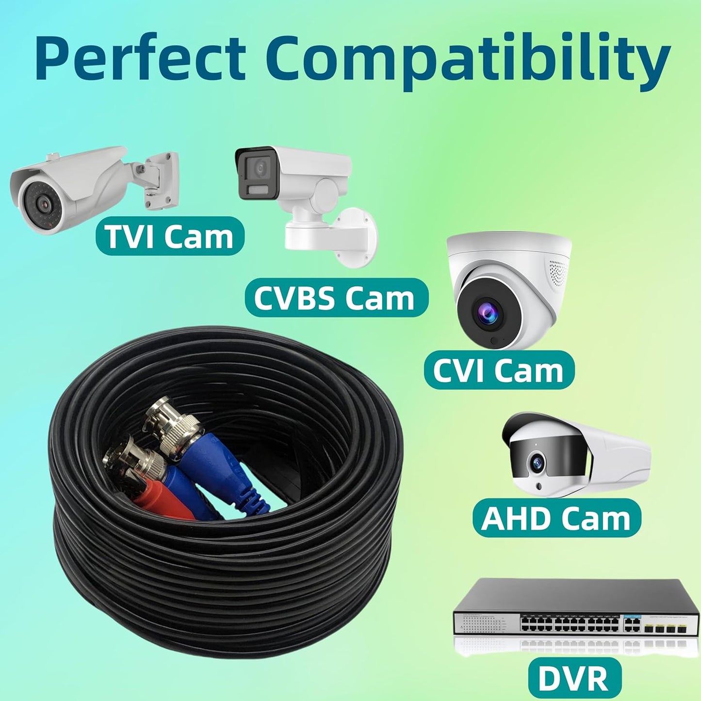 2 Pack 66ft (20M) 4K 4 100 Ultra HD BNC Video Cable Wire, Security Camera Extension Cable, All-in-One Siamese CCTV