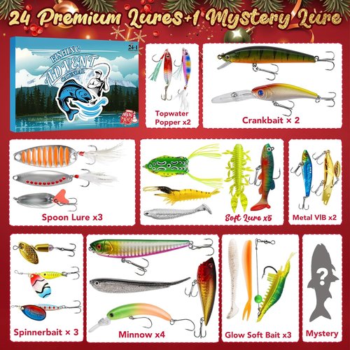 Fishing Advent Calendar 2025 - 24+1 Lures Set with Mystery Surprises | Perfect Gift for Men and Fishermen