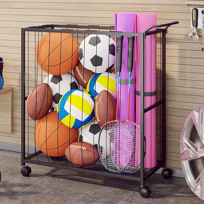Ball Storage Bin Rolling Sports Ball Cart, Metal Garage Organizer Sport Rack, Ball Basket Storage, Ball Cage for Garage or Gym, Indoor & Outdoor Sports Equipment Organizer Black