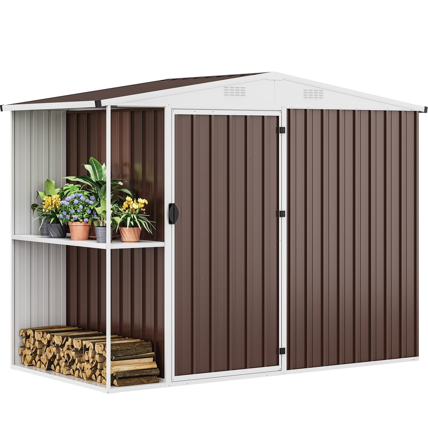 DWVO Outdoor Storage Shed 8x4FT with Rack, Metal Garden Shed with Storage Shelves, Bike Storage Tool Cabinet Box for Lawn Backyard Patio Use, Brown