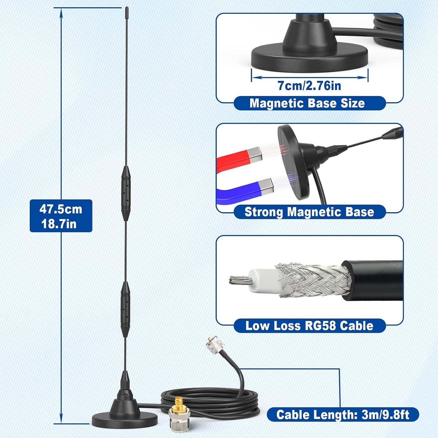 Eightwood 136-174MHz 400-480MHz PL259 SO239 Car Mobile Ham Radio Antenna High Gain Dual Band VHF UHF Male Antennae