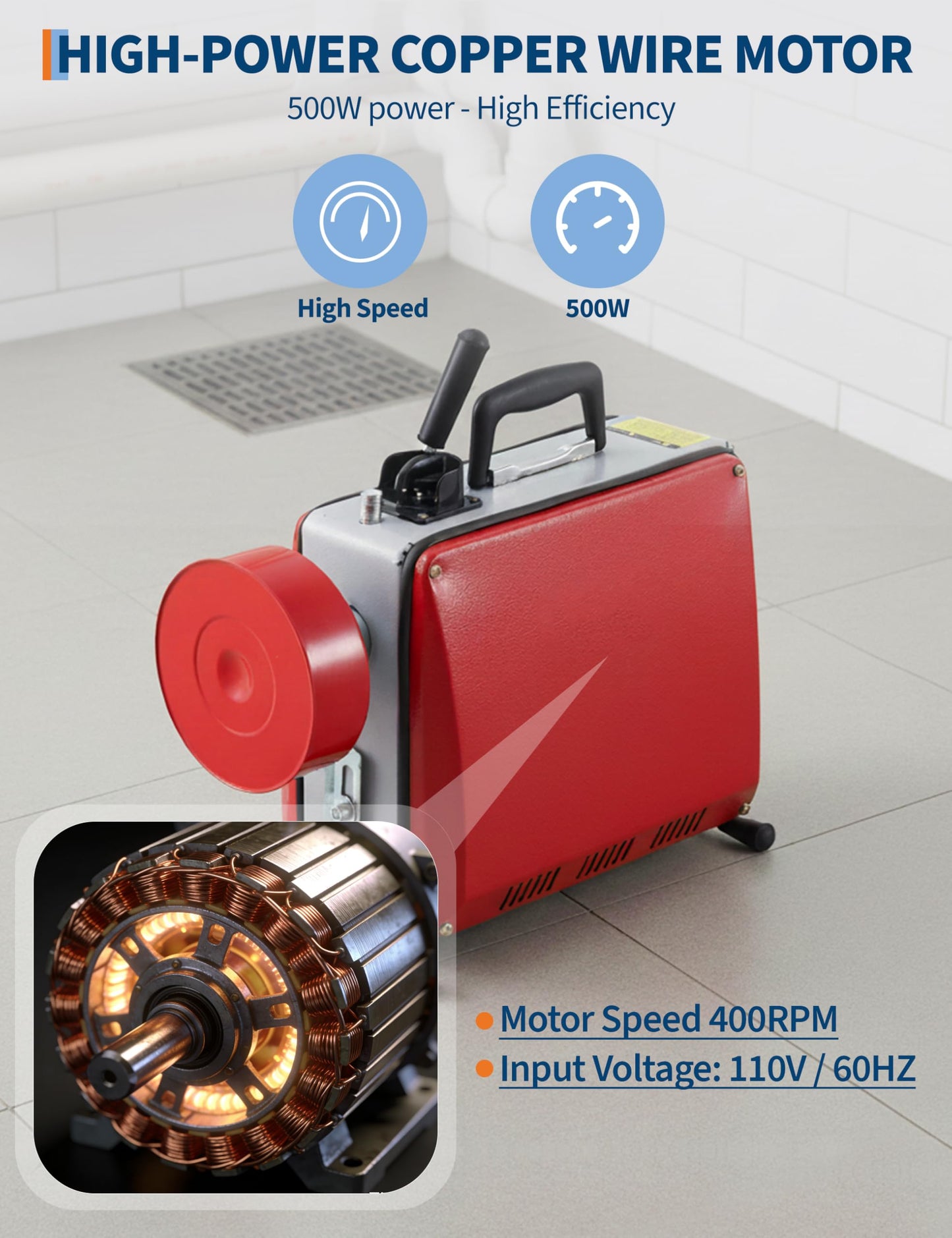 GarveeTech Portable Electric Drain Cleaner Machine, 66Ft x 5/8" & 16Ft x 3/8" Dual Cable Sewer Snake Auger with 6 Cutters for 1-4 Inch Pipes Clog Removal for Household & Professional Use