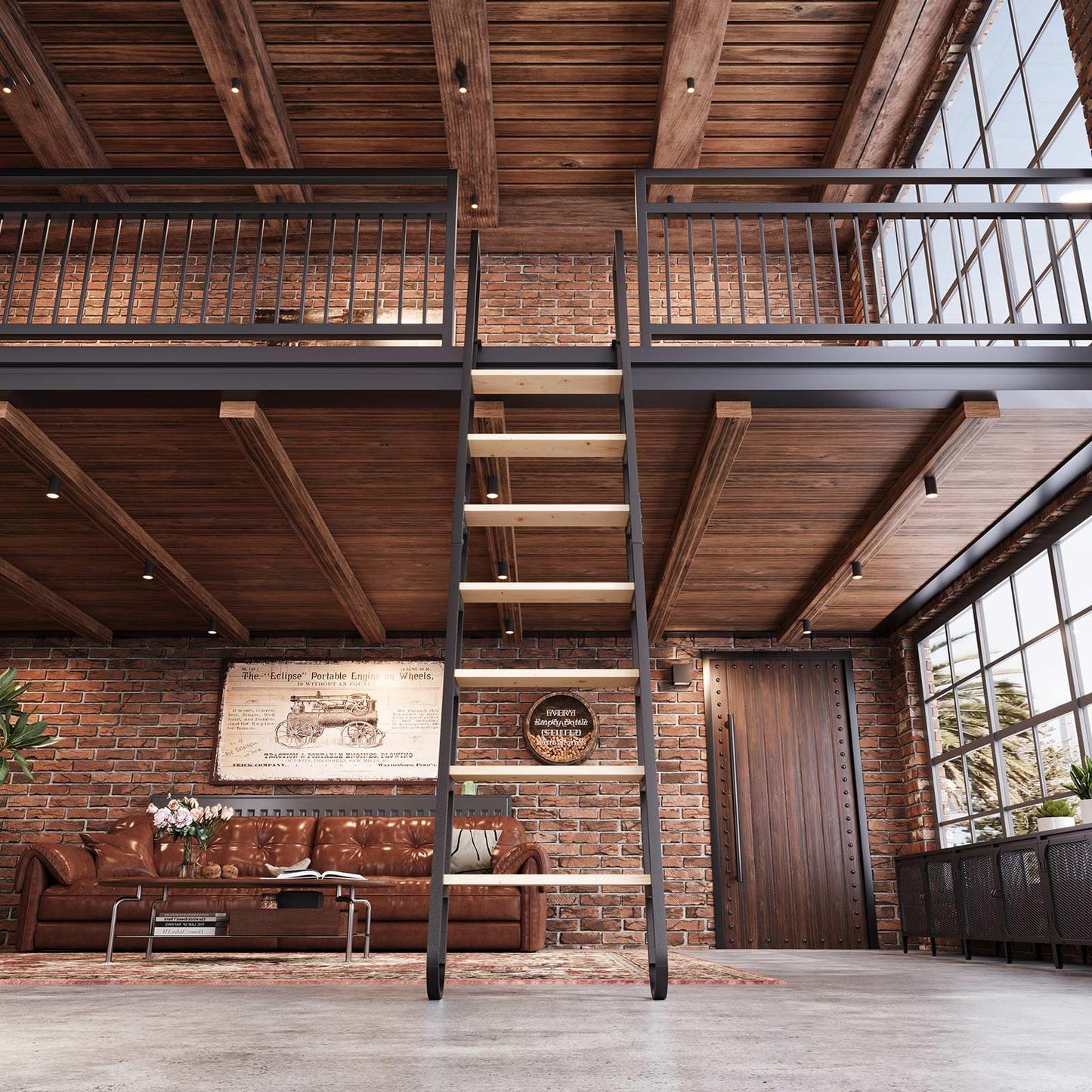 9.35FT Industrial Style Loft Ladder, 7 Steps with Black Steel Handrails & Solid Wood Steps, 450lbs Capacity, Fits 7.2-8FT Installation Height, for Attic, Kitchen, Warehouse, Bookshelf& Outdoor