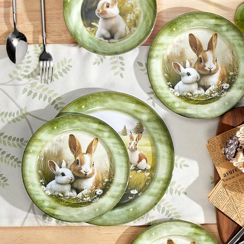 Green Bunny 12-Piece Melamine Dinnerware Set - Lightweight, Shatterproof Plates & Bowls for 4 | Ideal for Picnics & Outdoor Parties