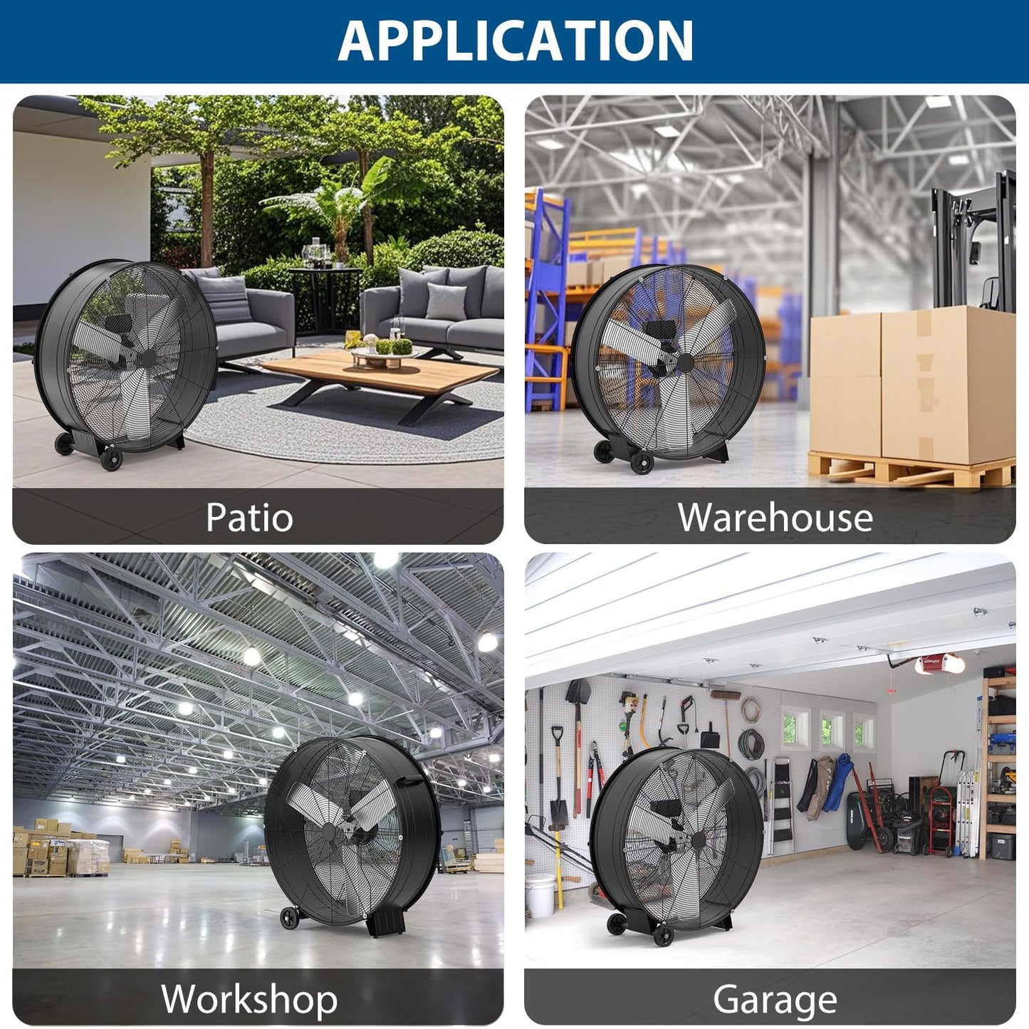 EliteEdge 30 in Industrial Drum Fan, High Velocity Floor Fan 3-Speed, Heavy Duty Metal Air Circulator with Caster Handle for Patios, Warehouses, Commercial, Factories and Workshops