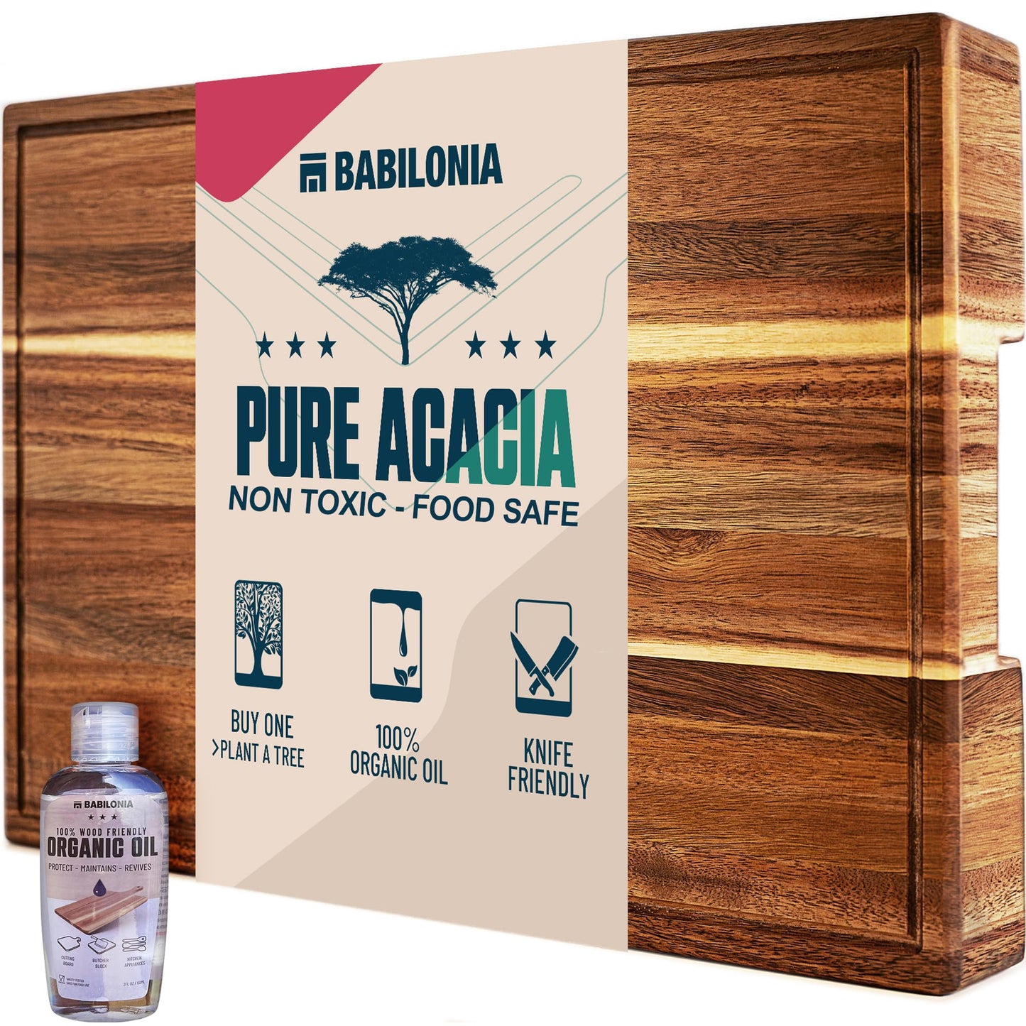 Acacia Cutting Board for Kitchen 19.7 x 12.2 Inch (ExtraThick 1.6") Non Toxic Wood Chopping Board for Meat, Cheese, Wooden Charcuterie Boards with Handle, Hardwood Butcher Block (Oil & Plate Included)