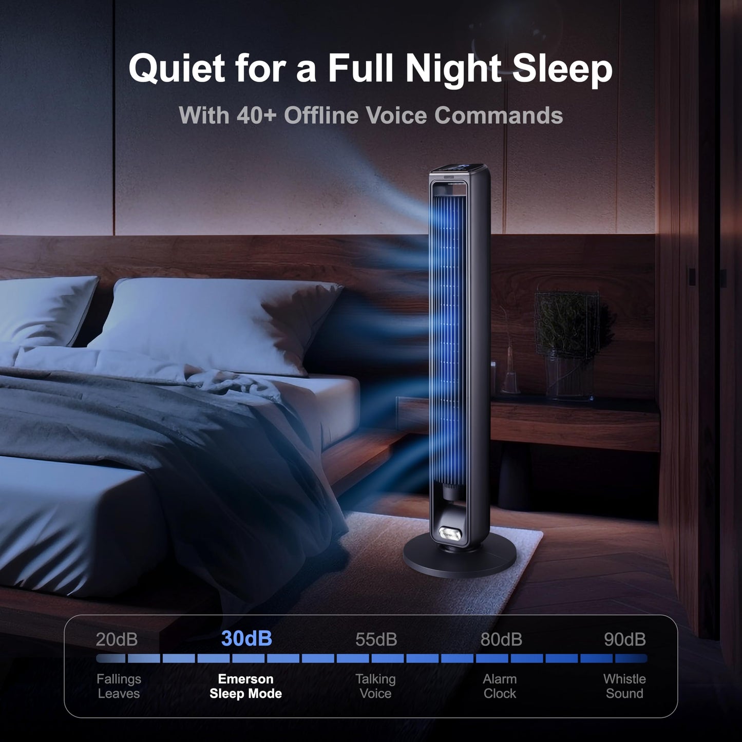 Emerson SmartVoice 42” Tower Fan, Wi-Fi-free Voice Control, No APP, No WIFI, No Setup, 70° Oscillating, 3 Wind Speeds, 15-Hr Timer, Oil Diffuser, Built-in Lighting, Remote Control