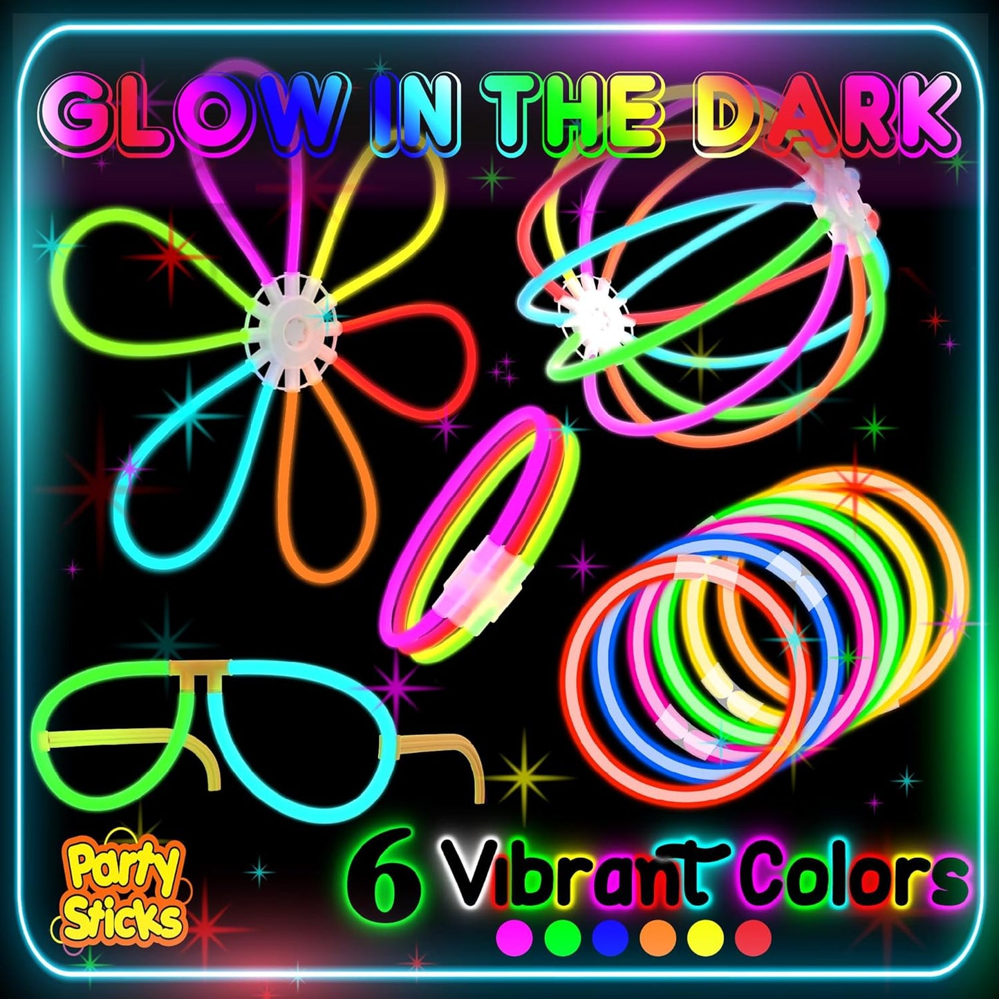 PartySticks Ultra Bright Glow Sticks - Glow in The Dark Party Supplies with Glasses, Bracelets & Connectors | Perfect for Halloween & 4th of July Celebrations