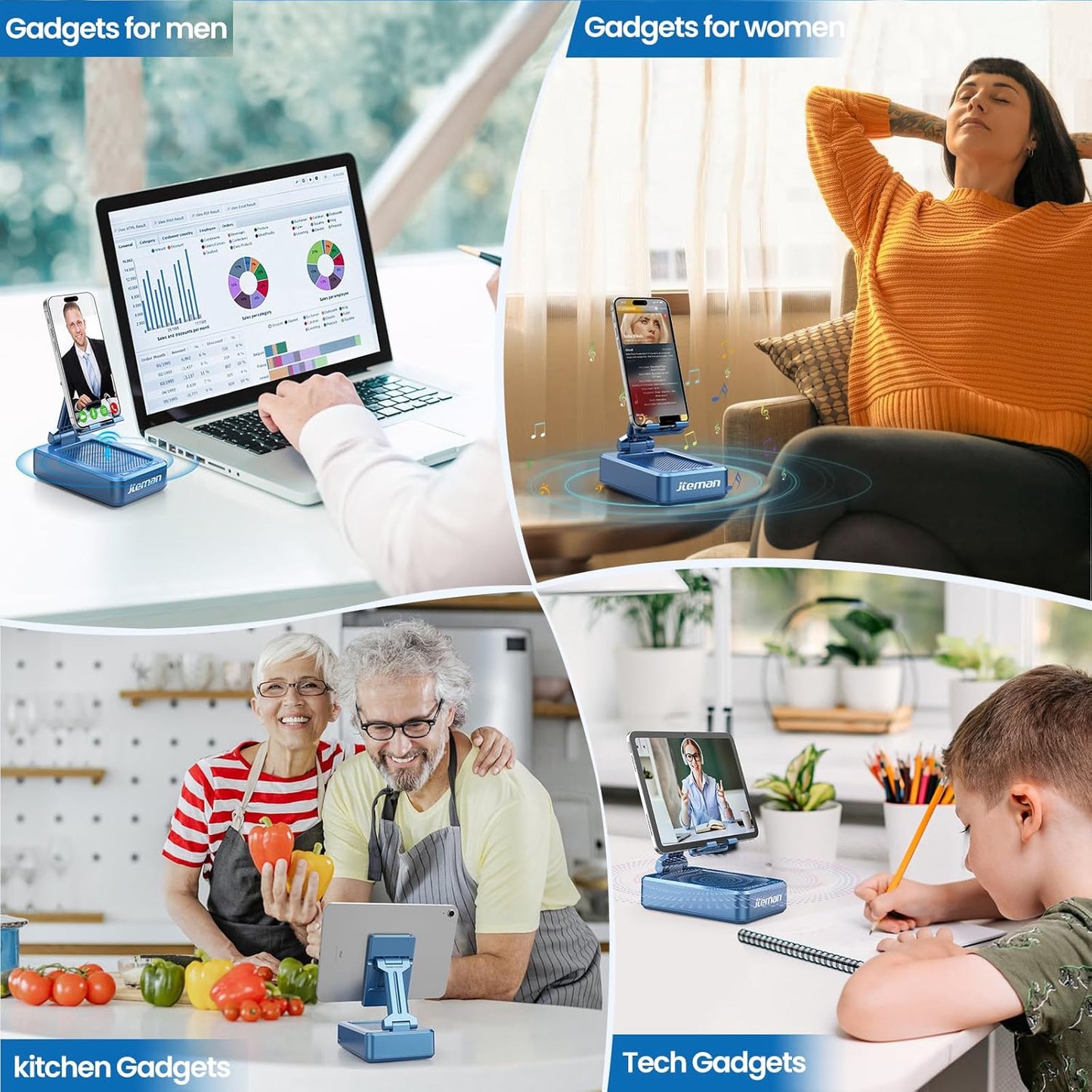 JTEMAN Cell Phone Stand with Bluetooth Speaker, HD Stereo Sound & Anti-Slip Base, Foldable Adjustable Desktop Phone