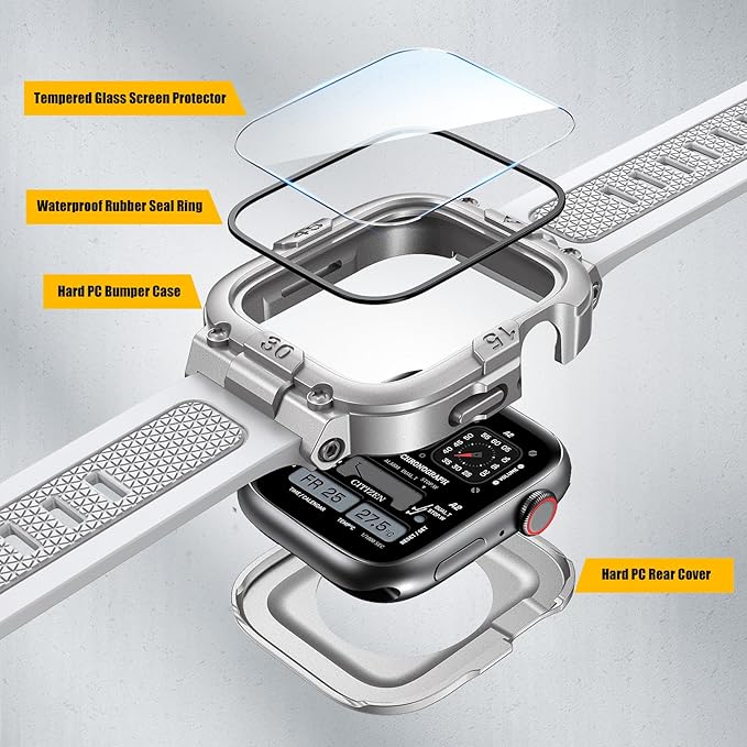 Dsytom Waterproof Case with Band Compatible for Apple Watch Band 46mm 45mm 44mm 42mm(S11/10) 41mm 40mm for Men,Rugged Smartwatch Strap with Built-in Tempered Glass Screen Protector for iWatch Series 11/10/9/8/7/6/5/4/SE