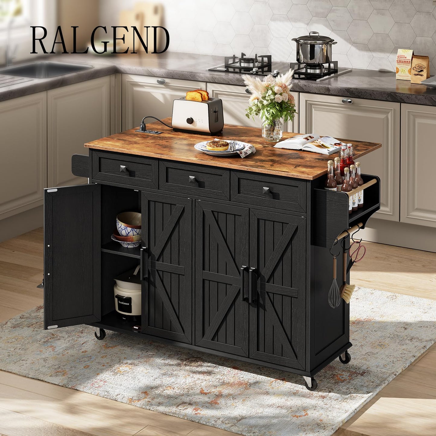 RALGEND Kitchen Island with Drop Leaf & Power Outlet, Rolling Kitchen Island Cart On Wheels, Barn Door Kitchen Island Table with Storage, Island Table for Kitchen, Black and Rustic Brown