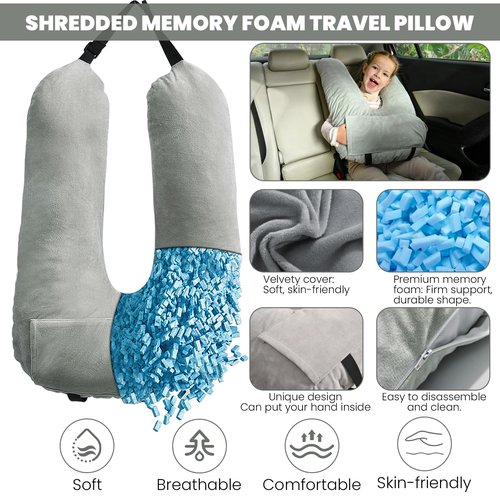 MOAOO Travel Pillow, Car Pillow for Kids & Adults, Kid Travel Sleeping Pillows for Neck & Body Support, Car Travel Essentials Pillow on Road Trips, Gray