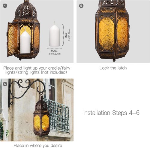 Lewondr Metal Glass Ramadan Candle Lantern - Moroccan Style Hanging Lamp for Home & Garden | Copper & Yellow