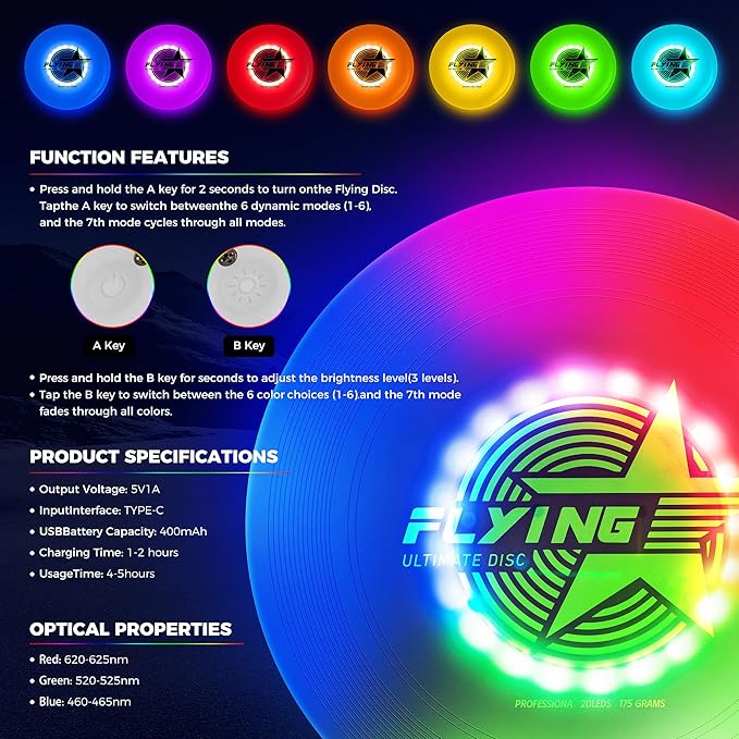 Glow in The Dark LED Flying Disc - 7 Dynamic Modes, 7 Colors, IP65 Waterproof, Perfect Birthday & Camping Gift for Men/Boys/Teens/Kids - Outdoor Games & Cool Toys, 175g