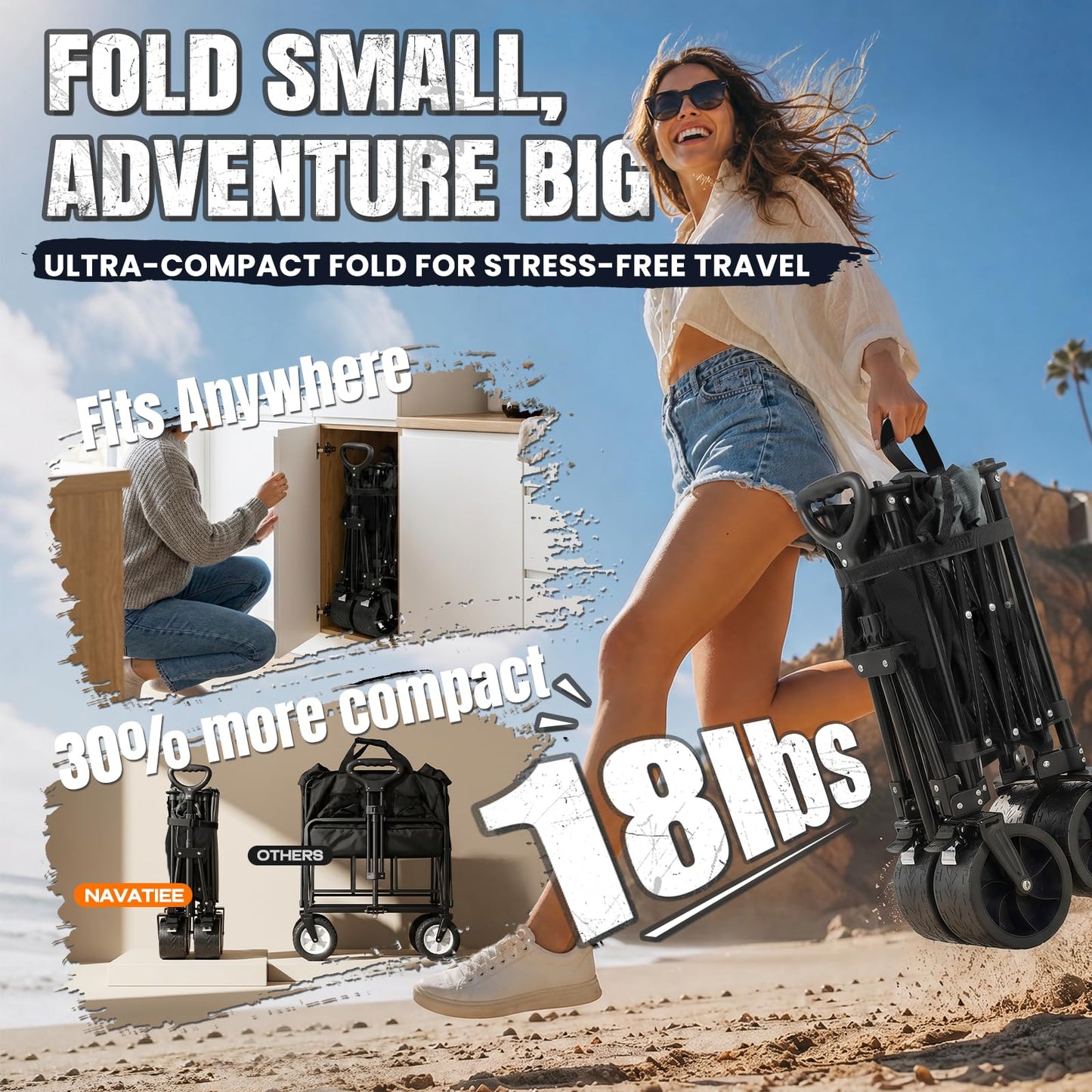 Navatiee 330Lbs Collapsible Folding Wagon, Beach Wagon Cart Heavy Duty Foldable with Big Wheels, Utility Grocery Wagon with 165L Large Capacity for Camping Garden Sports, Black