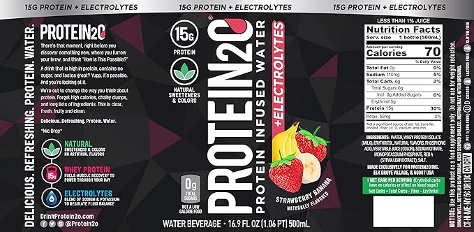 Protein2o + Electrolytes, Low Calorie Protein Infused Water, 15g Whey Protein Isolate, Strawberry Banana, 16.91 fl oz (pack of 12)