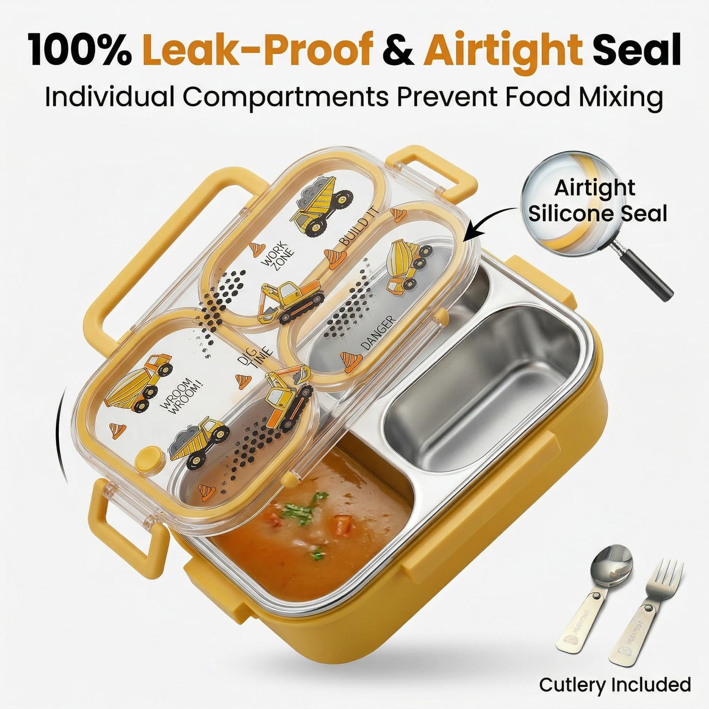 WORTHBUY Microwavable 304 Stainless Steel Bento Box With Utensils, Metal Lunch Container With 3 Compartments, Leak Proof Lunch Box, Portable Concealed Handle, BPA Free, Dishwasher Safe [Car]