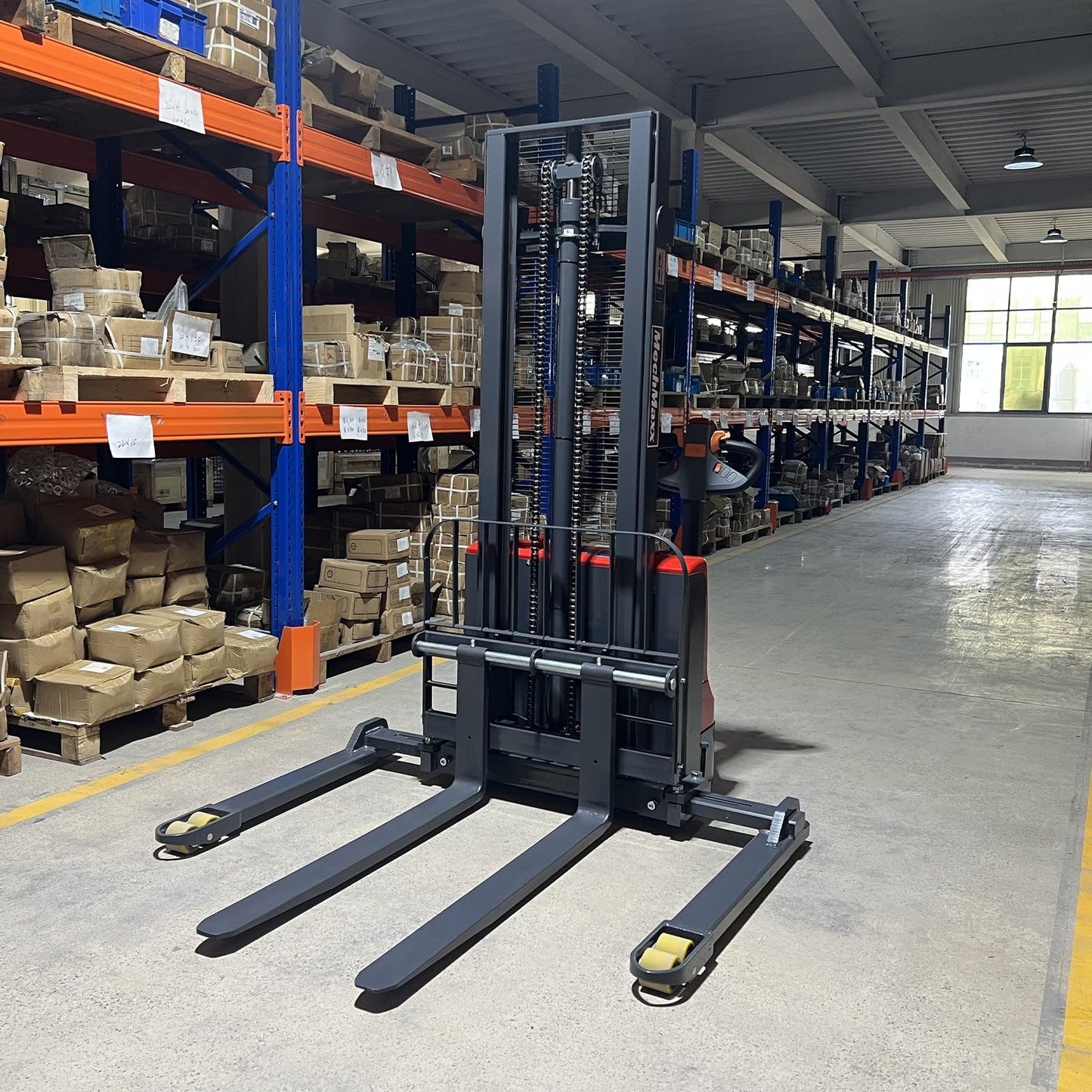 MechMaxx 2640lbs Lithium-ion Electric Straddle Stacker, 98" Lift, Adjustable Legs & Forks, Model F26-98S