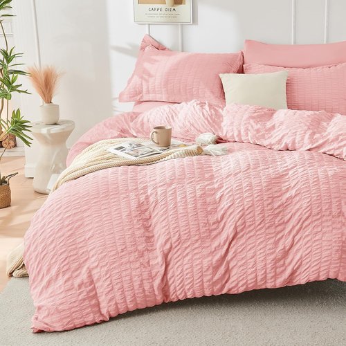 HYMOKEGE California King Comforter Set - Luxury 7-Piece Seersucker Bedding in Rose Pink