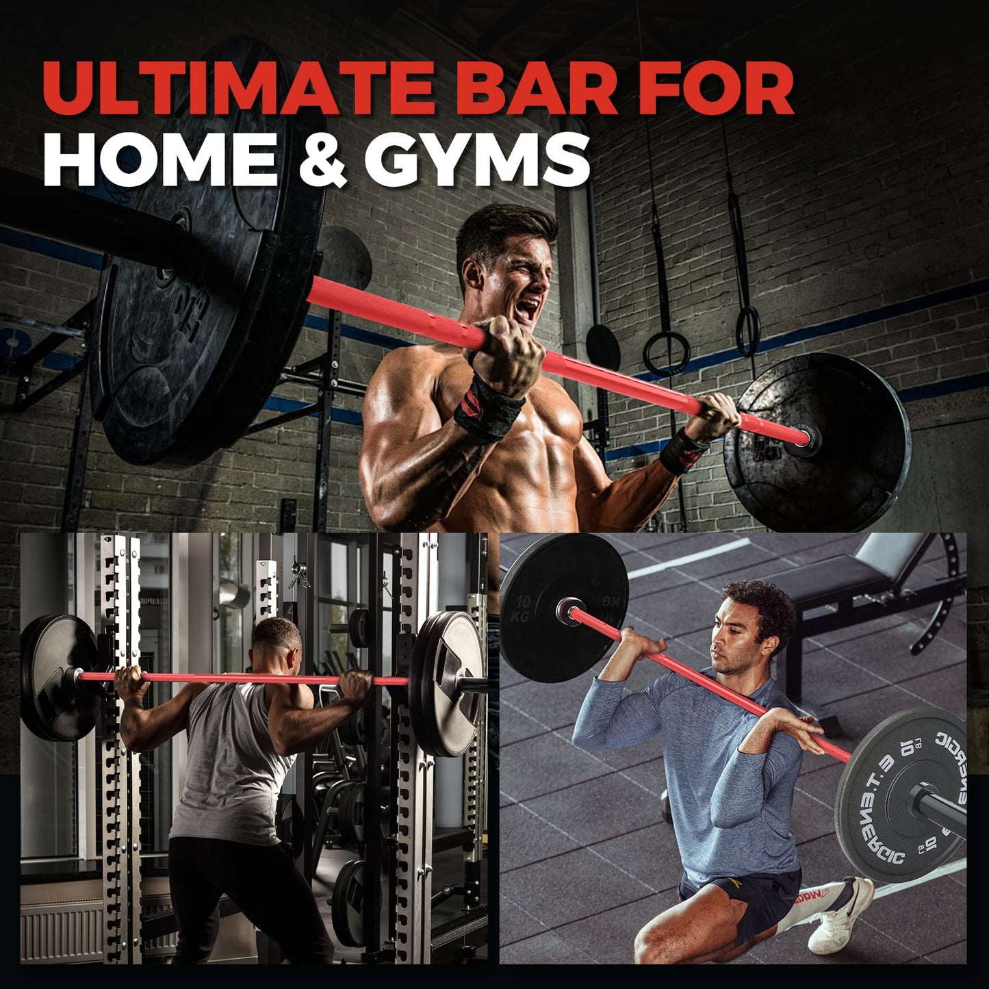 E.T.ENERGIC 7ft Olympic Barbell – 40LB Chrome Powerlifting Bar with 2” Sleeves & Medium Knurl, 700LB Capacity Strength Training Barbell for Squats, Deadlifts, Bench Press, Home & Gym, Black&Red