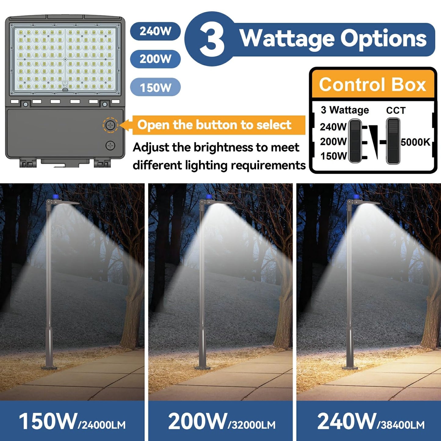 240W LED Parking Lot Light 3Pack: 150/200/240W Selectable, 38400LM 5000K LED Pole Light with Photocell, Slip Fitter Mount LED Shoebox Light for Yard Driveway Stadium Roadways, IP65 100-277VAC, ETL