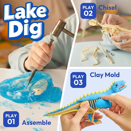 JOVA Dinosaur Fossil Digging Kit - 3-in-1 STEM Learning Toy with Glow-in-the-Dark Dinosaurs & Sensory Play Sand | DIY Kit for Kids Aged 6+
