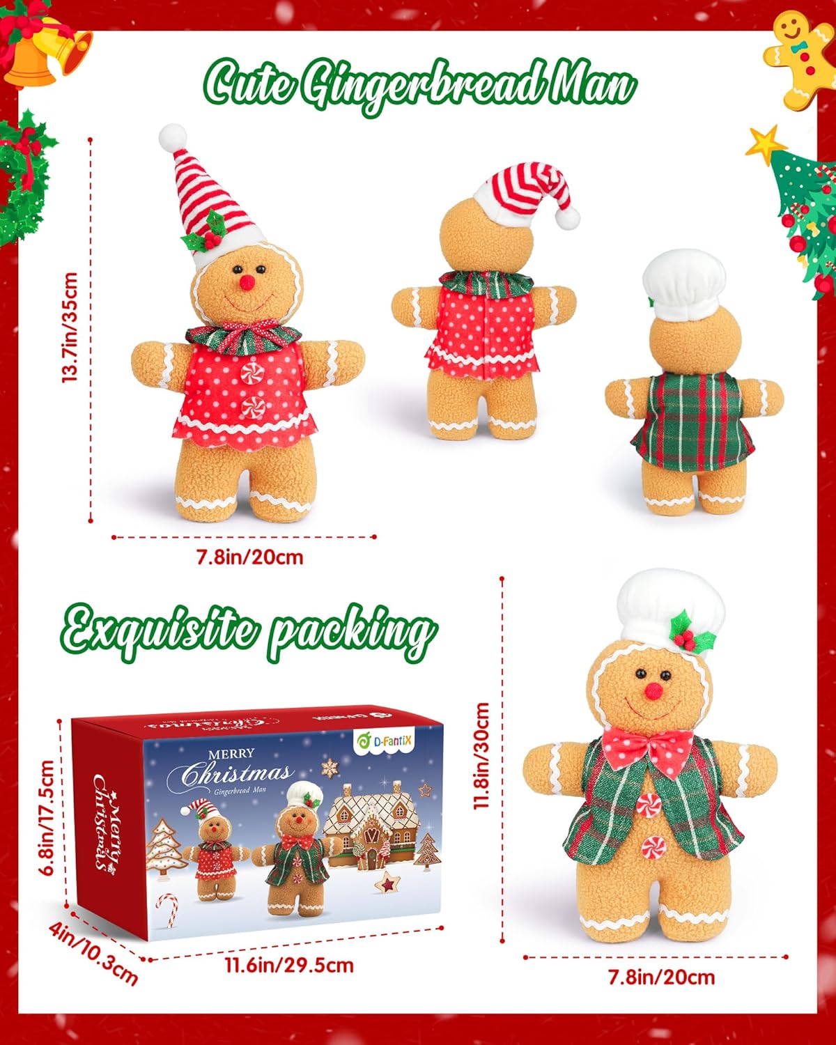 D-FantiX Gingerbread Man Plush Doll Set - 2 Handmade Stuffed Animal Toys for Christmas Decor