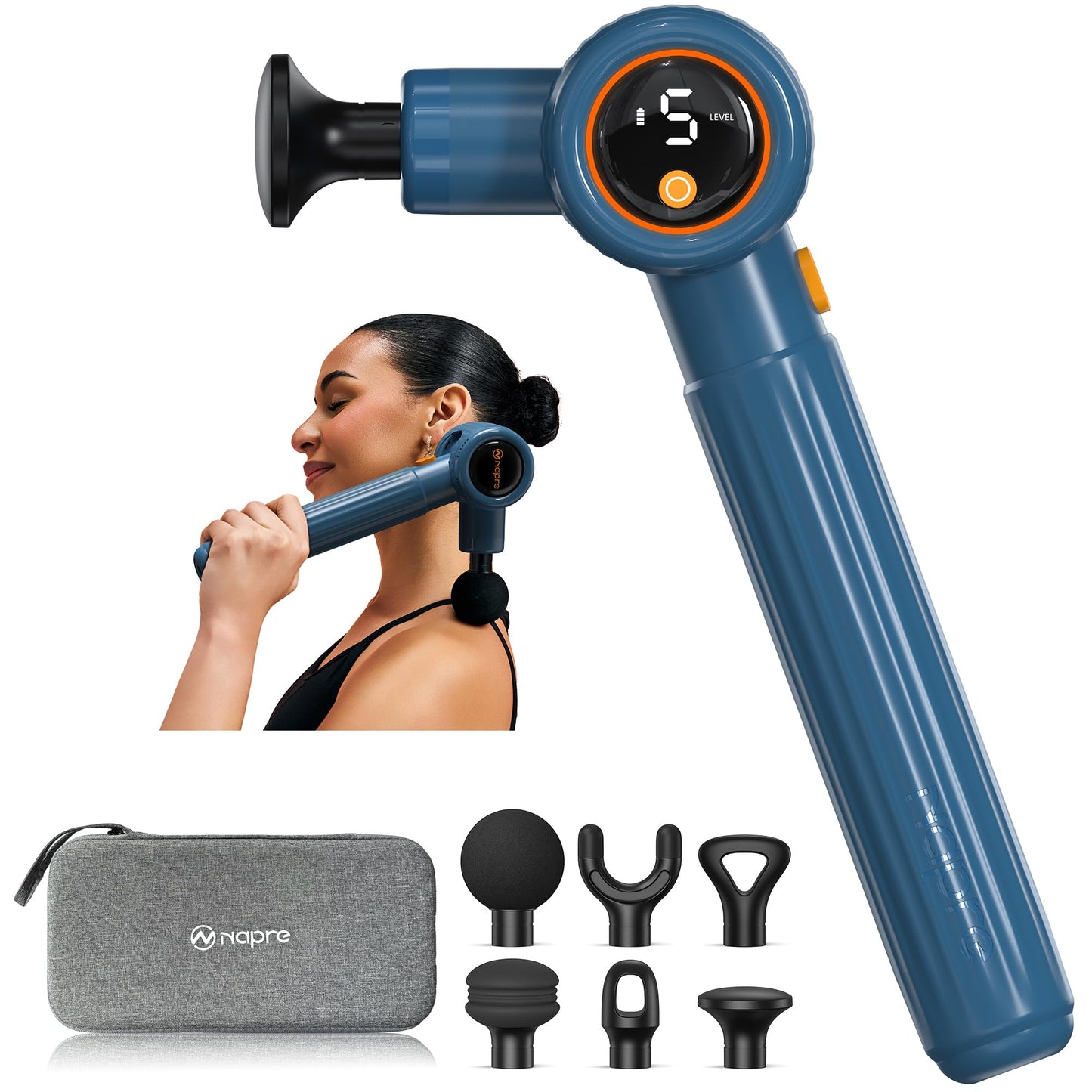 NAPRE Massage Gun with Extension Handle and 3 Adjustable Angles,Deep Tissue Back Massage for Neck/Shoulders/Waist/Body Pain Relief,Handheld Percussion Muscle Massager with Case,Blue