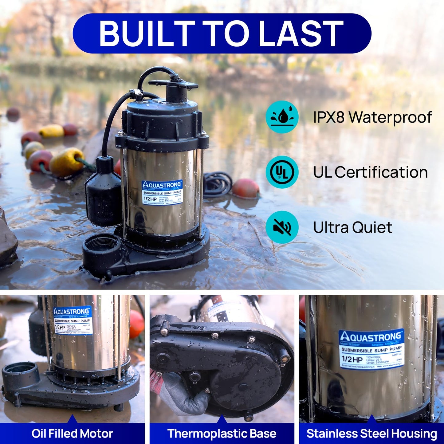 AQUASTRONG 1/2 HP Sump Pump, 3450 GPH Stainless Steel and Thermoplastic Submersible Water Pump, Automatic Float Switch with Piggy-back Plug,1-1/2" NPT Discharge Subpumps for Basement and Flooding Area