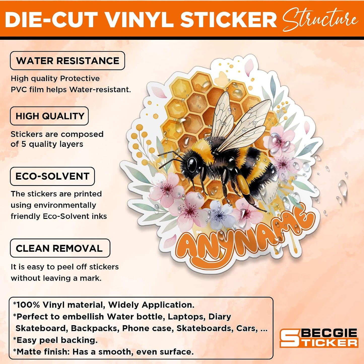 Custom Bee Name Sticker Personalized Text Floral Honeybee Honeycomb Flower Nature Animal Lovers Waterproof Vinyl