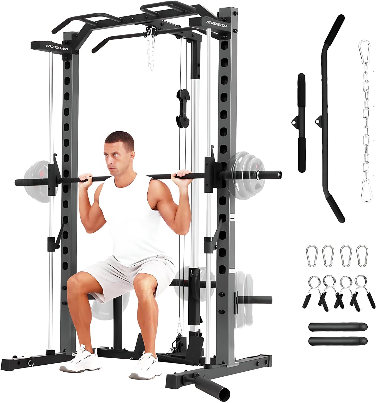 OPPSDECOR Smith Machine Squat Rack with LAT-Pull Down Multifunctional Power Rack with Cable Crossover Machine Power Cage with Barbell Bar Full Body Training Attachments for Home & Garage Gym (Grey)