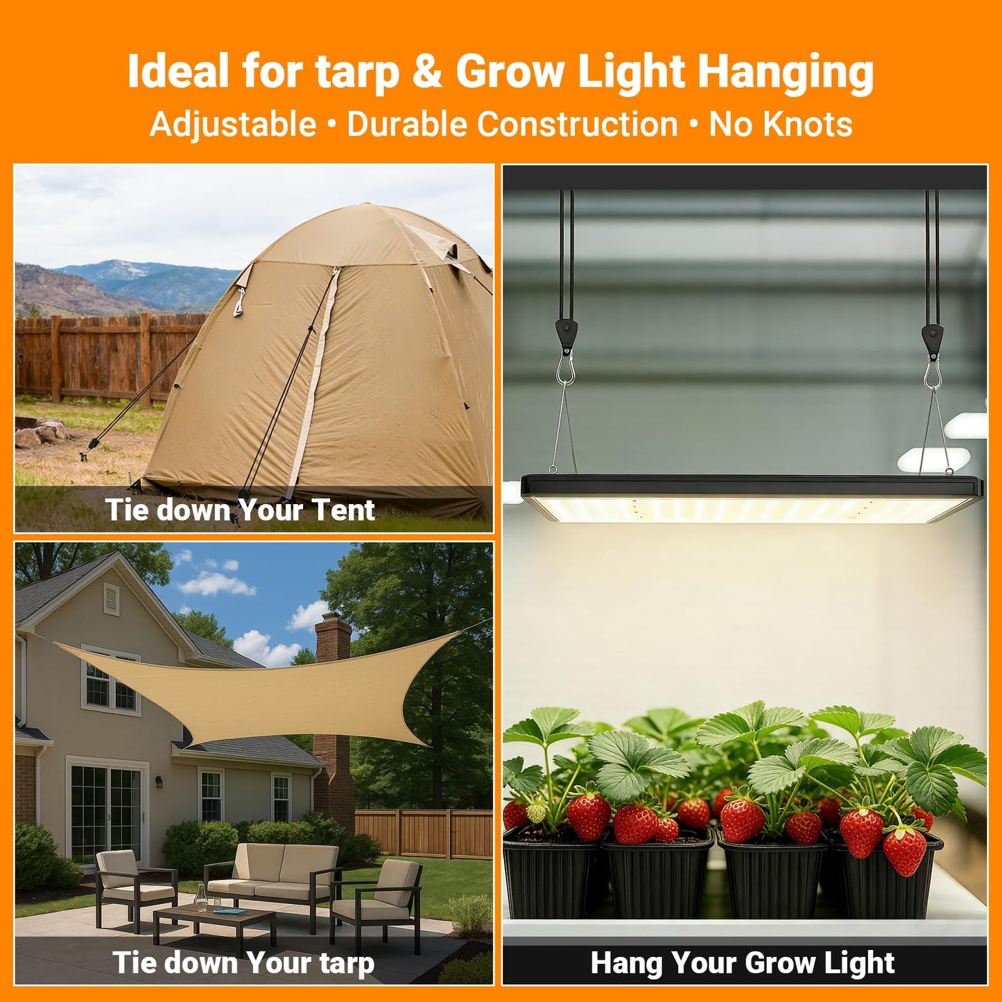 Longer 15ft Paracord Rope Tie Down Ratchet Strap Small Reflective Portable Adjustable Fix Camping Rope Tent Tarp Tie Downs Grow Plant Light Hangers Pulley Tightener Tensioner Adjuster 1/8in 4Pack