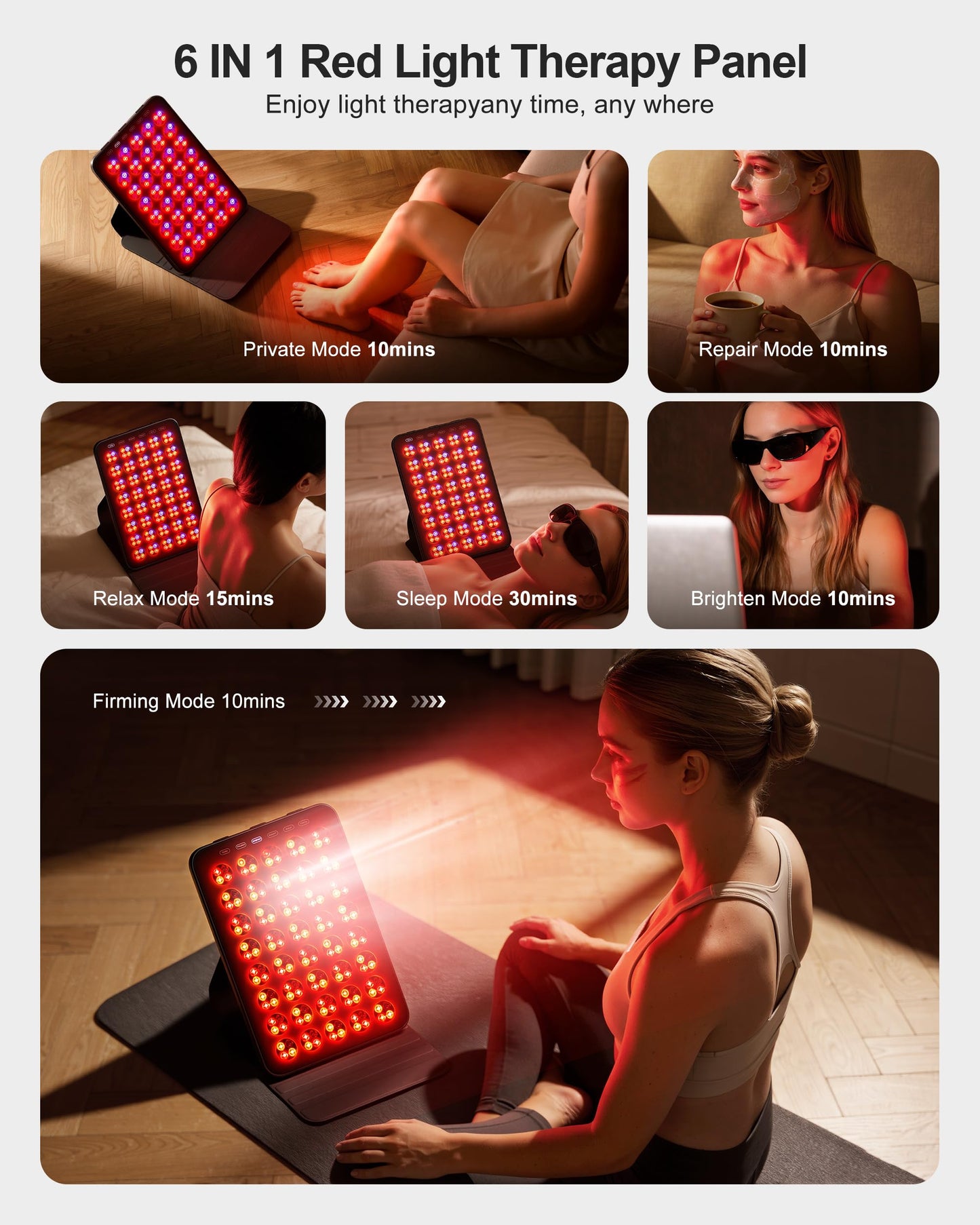 Red Light Therapy for Face 6 Modes, Portable Red Light Therapy Panel with Protective Goggles and Timer, Infrared Red Light Therapy for Body Care, Brown