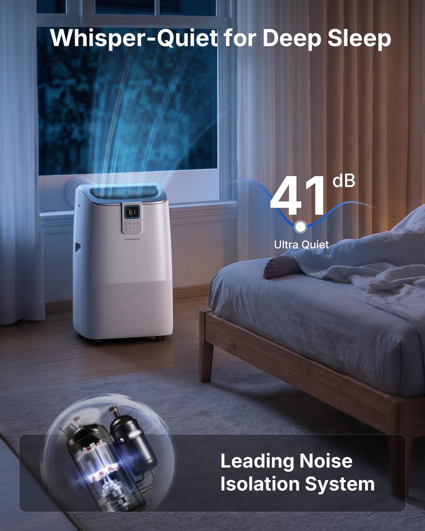 Temprium 14,000 BTU Smart Portable Air Conditioner for Large Rooms up to 750 Sq.ft, 41dB Quiet Efficient AC Unit with App & Voice Control, 4-in-1 Cooling, Dehumidifier, Fan, No-Drain Self-Evaporating