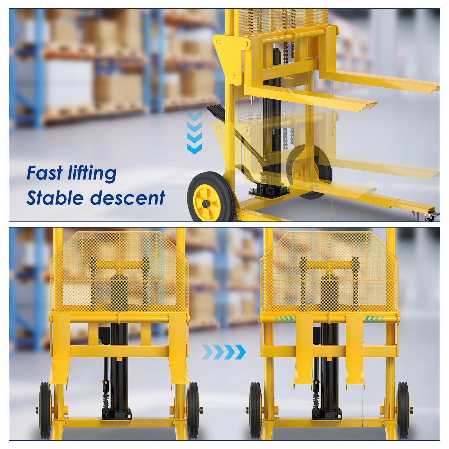 Hydraulic Material Lift,550lbs Lift Dolly,Upgraded Baffle Pallet Lift,37.4” Max Lift with Front Universal Wheels and 9" Polyurethane Wheels, 18.5" Fork Length, Hand Forklift, Steel Platform x 1