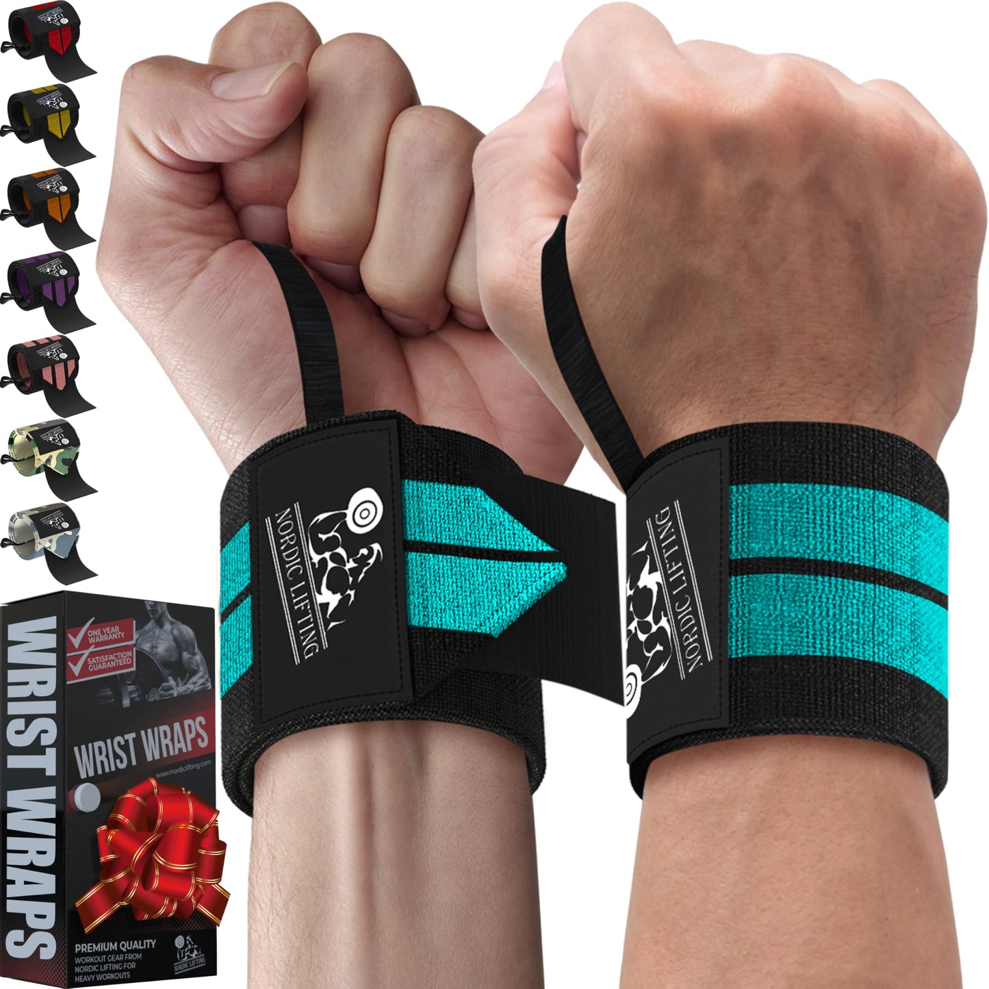 Nordic Lifting Wrist Wraps with Thumb Loops for CrossFit and Olympic Lifts, Wrist Wraps Support for Powerlifting and Weightlifting Workouts, Aqua Blue