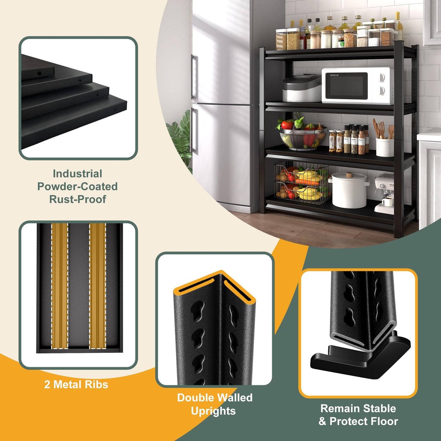 Rufokisa 48" W Garage Shelving Heavy Duty, 2200LBS Loads Adjustable Garage Storage Shelves,4-Tier Metal Storage Racks and Shelving Units, Utility Rack Shelves,48" W x 16" D x 63" H,Black