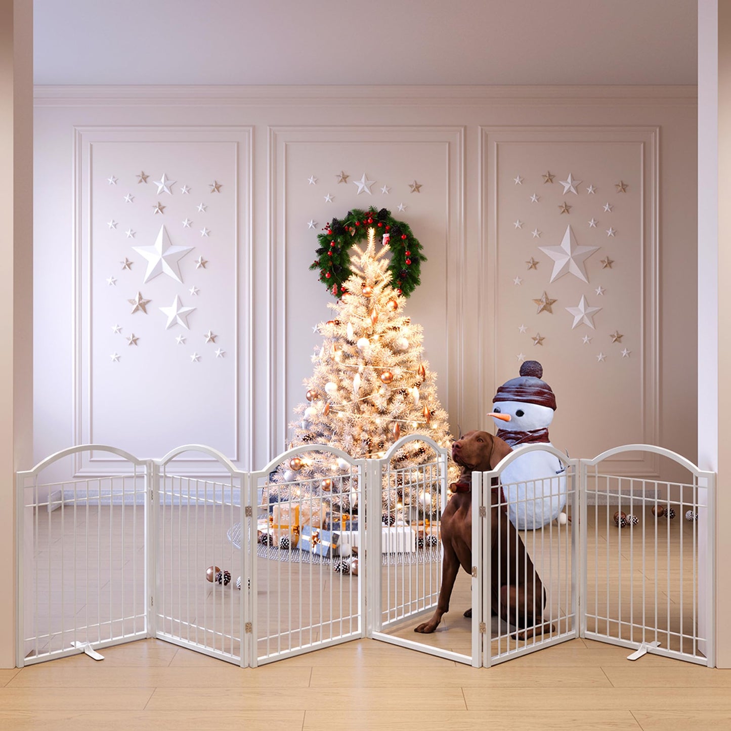 BHG Metal No-Assembly Freestanding Dog Gate with Door Walk Through, Extra Wide 144", Extra Tall 32" Pet Gate, Accordion Puppy Folding Playpen Dog Fence, with 2PCS Support (White, 6 panesl)