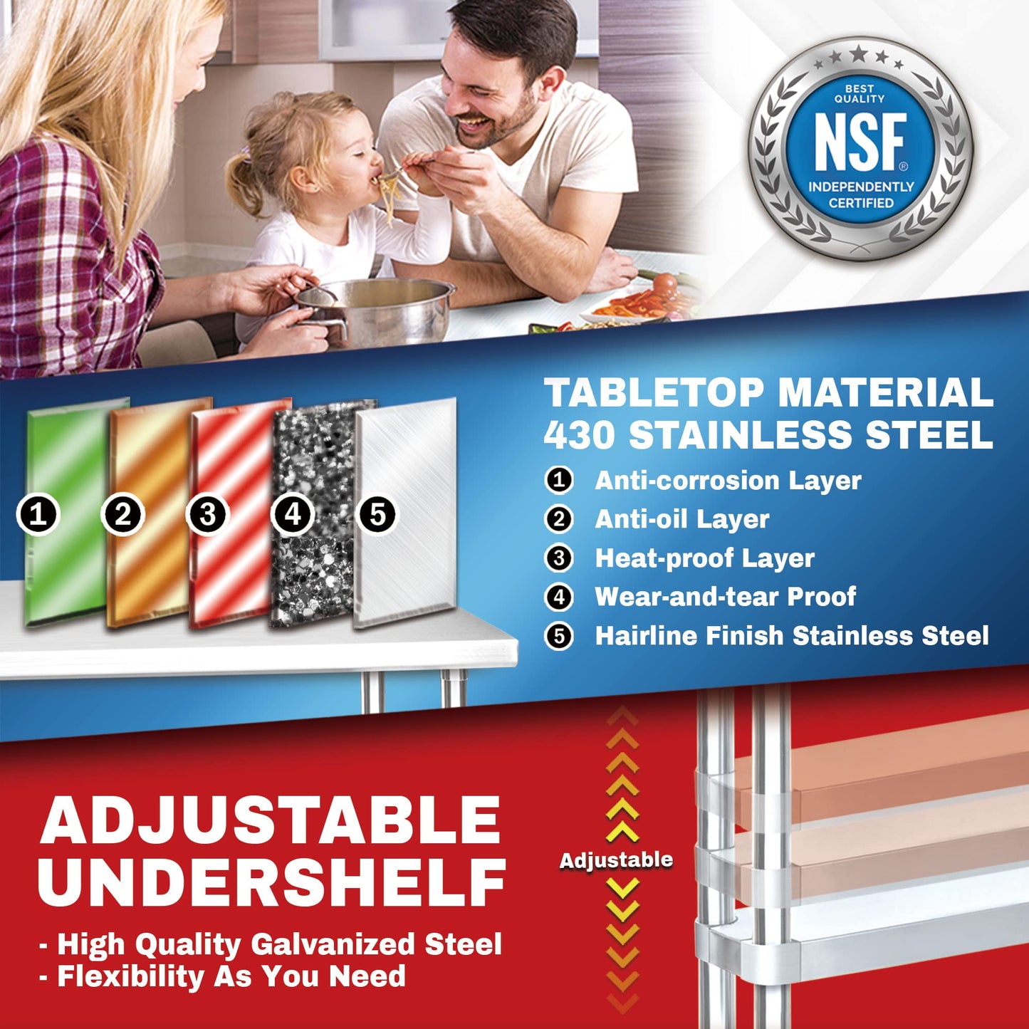 DuraSteel NSF Commercial Kitchen Table - 30 x 12 Inch Cooking Prep Stainless Steel Kitchen Island Workstation with Adjustable Under Shelf - Heavy Metal Workbench For Restaurant, Home, Garage