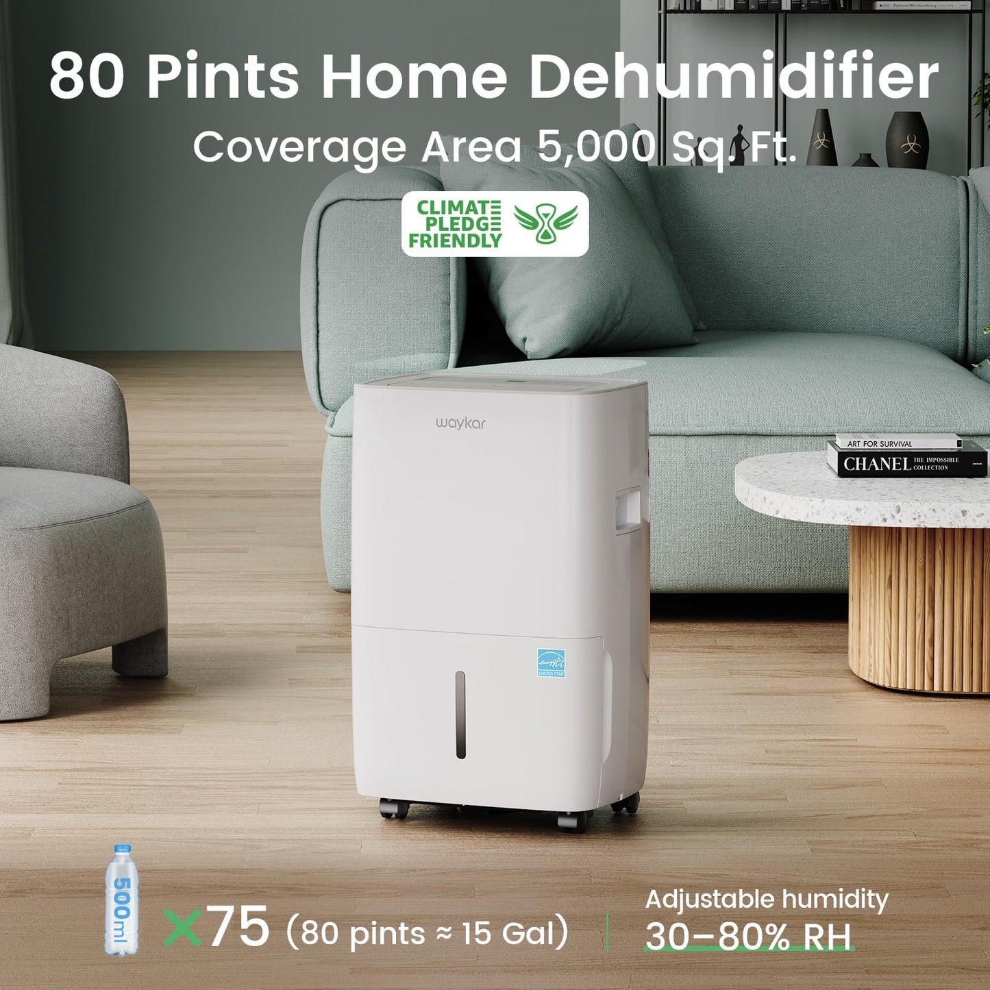 Waykar 80 Pints Energy Star Dehumidifier for Spaces up to 5,000 Sq. Ft at Home, in Basements and Large Rooms with Drain Hose and 1.14 Gallons Water Tank