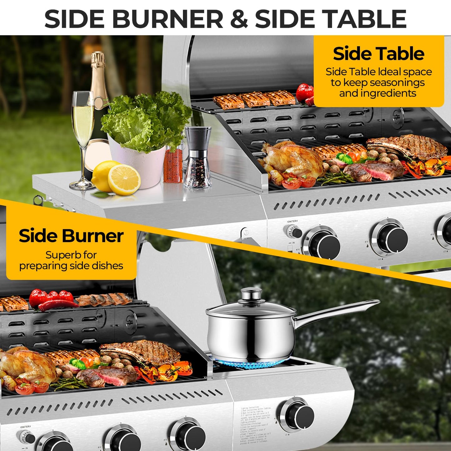 34,000 BTU 3-Burner Propane Gas Grill with Side Burner, All Stainless Steel BBQ Grill, Cast Iron Grates & Portable Cart with Wheels，Outdoor Barbecue Grill for Backyard, Patio, Camping (G31 PRO)