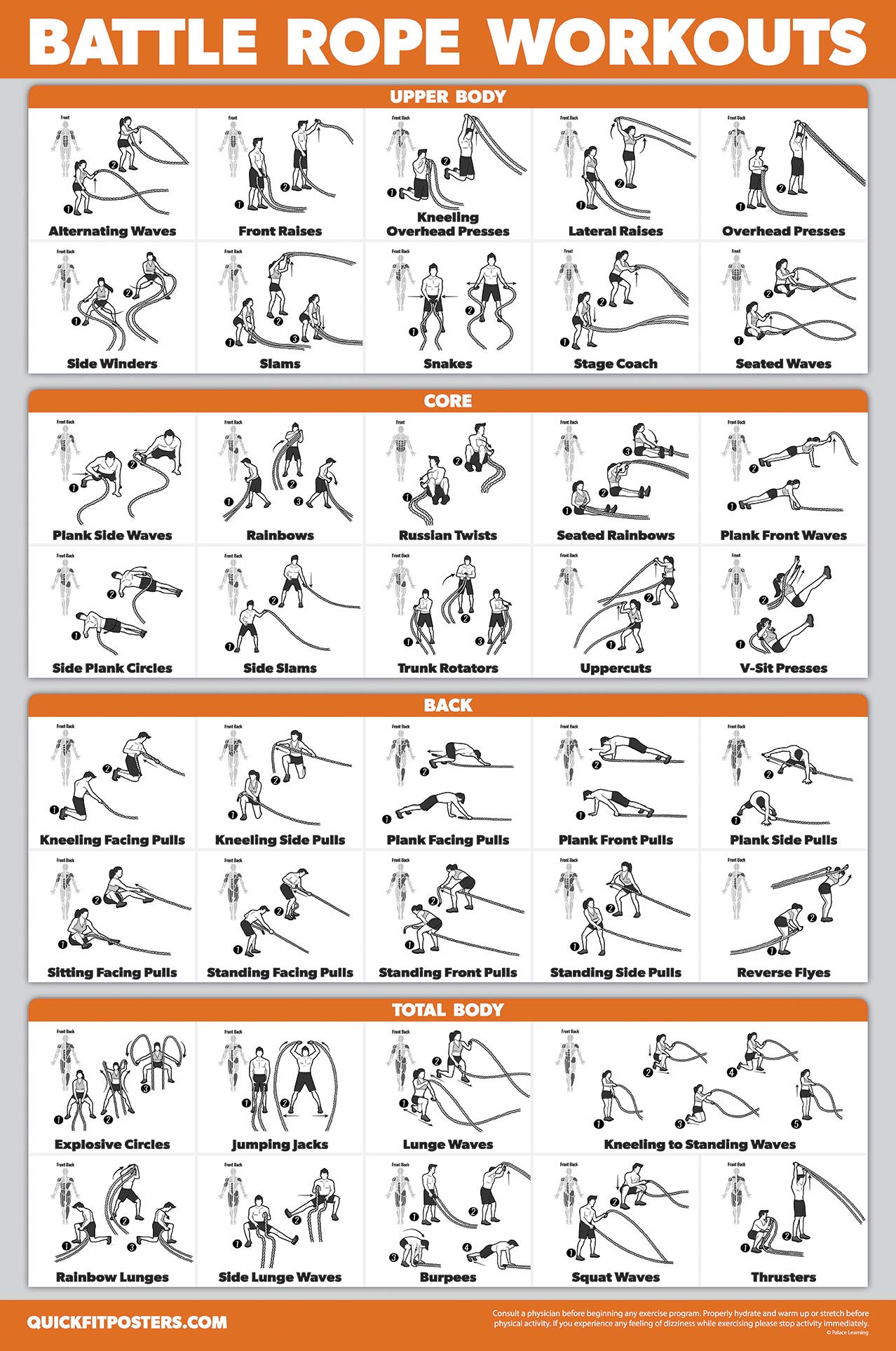 18 Pack - Exercise Poster Set, Dumbbell, Suspension, Kettlebell, Resistance Bands, Stretching, Bodyweight, Barbell, Battle Rope, Yoga, Exercise Ball, Muscular and More (LAMINATED, 18" x 24")