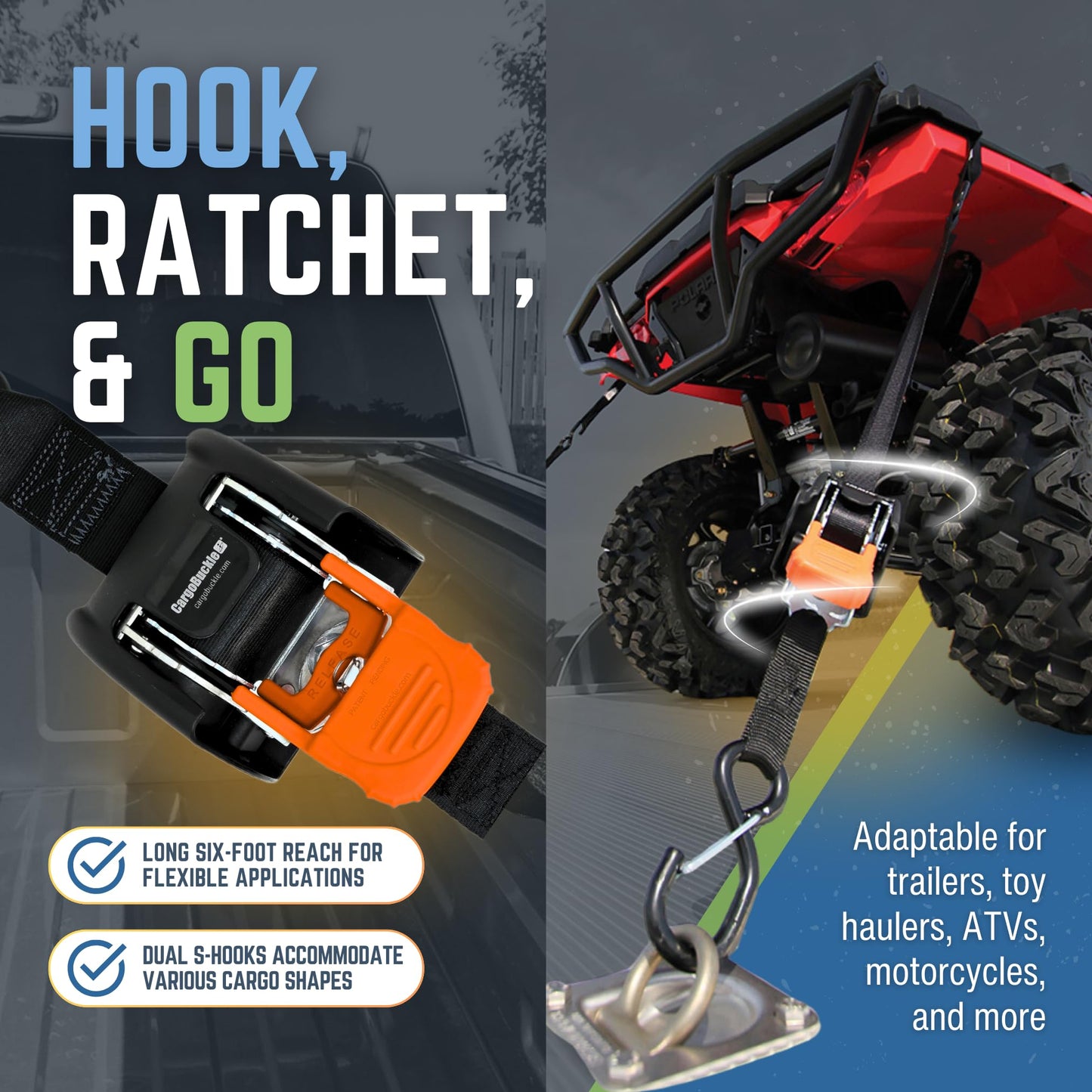 CargoBuckle Trailcase Deluxe Retractable Ratchet Straps, Tie-Down Ratcheting System: Includes 4 Straps, 4 Soft Loop Hook Converters & Weatherproof Case, for Loads Up to 5,600 lbs (1-Inch)