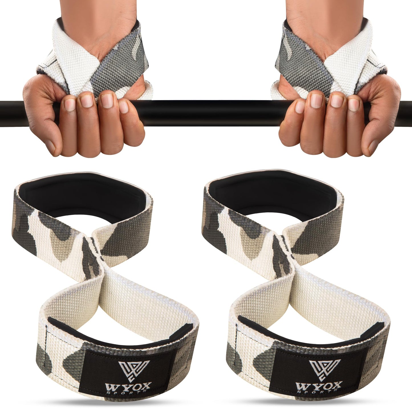 WYOX Figure 8 Weight Lifting Straps for Weightlifting Heavy Duty Deadlifting Workout Straps | Wrist Wraps Gym Equipment Gear Men Women PAIR (Camo, Standard)